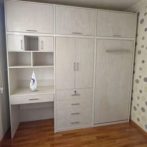 کمد دیواری با تخت تاشو رنگ کرم با طرح چوب