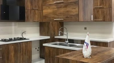 کابینت ام دی اف (ملامینه) رنگ قهوه ای با جزیره